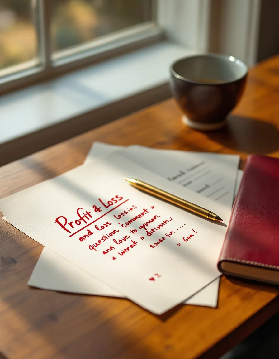 A printed profit-and-loss page covered in red-pen question marks, with a brass pencil and leather notebook, in low window light