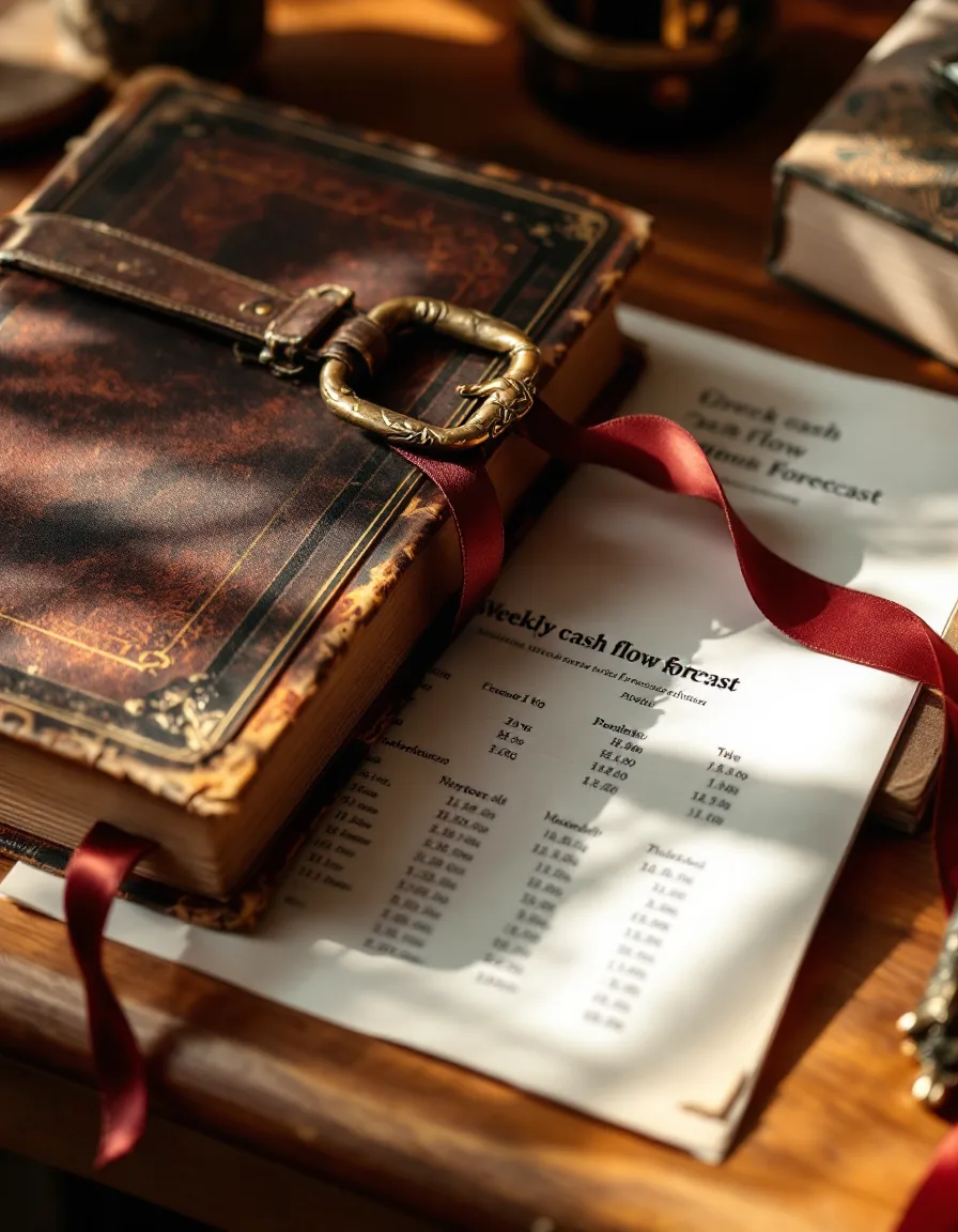 An open book of Greek myths on a printed cash forecast, an antique brass bridle buckle resting on the page