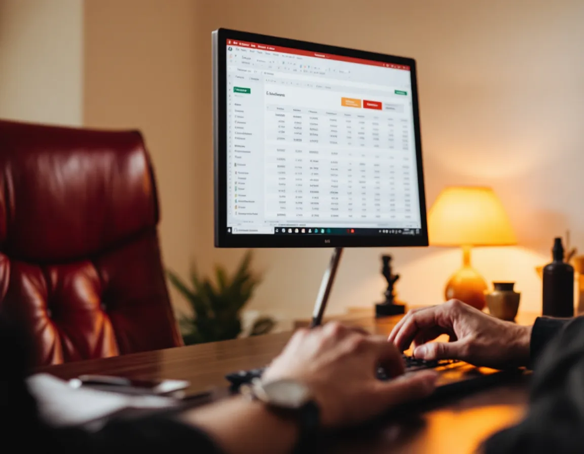 Hands at a keyboard in front of a monitor showing a tidy financial model under a burnt-orange lamp
