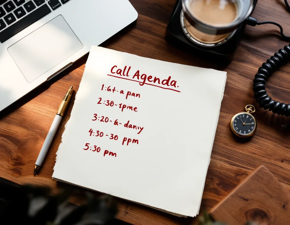 A legal pad with a handwritten twenty-minute call agenda beside a desk phone and an open pocket watch on a walnut desk