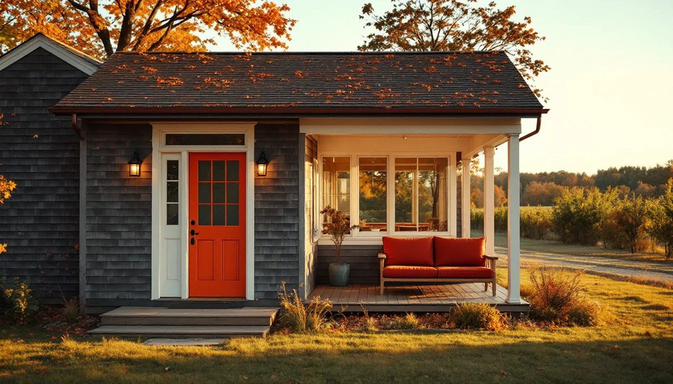 A cedar-shingle office building with a burnt-orange door on a quiet Southold lane in autumn light