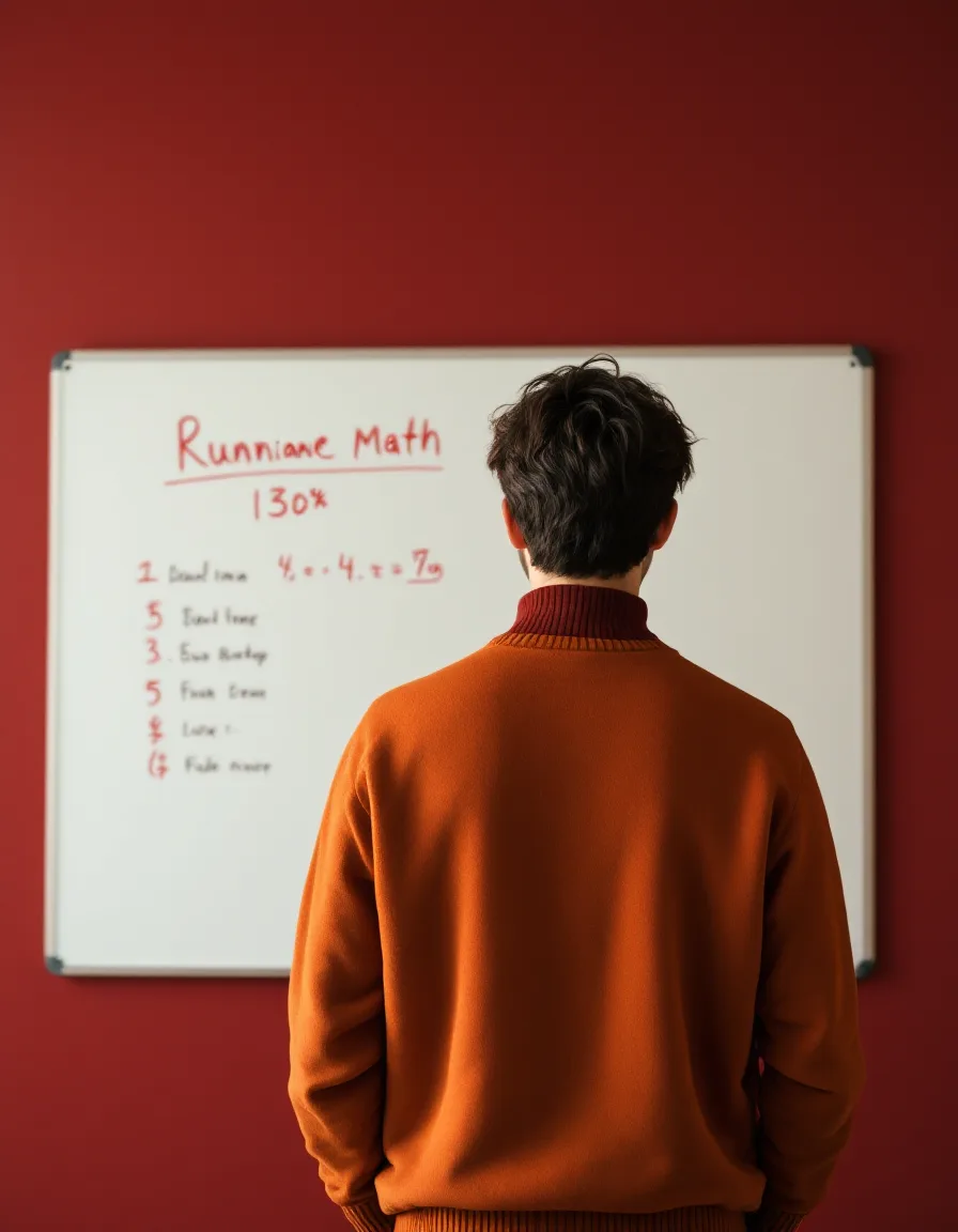 A founder in a burnt-orange sweater working through runway math on a whiteboard against an oxblood wall