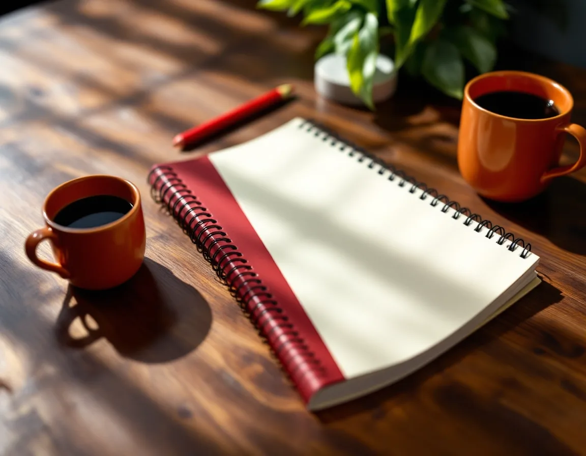 A spiral-bound board pack with an oxblood band on a walnut table beside a coffee cup