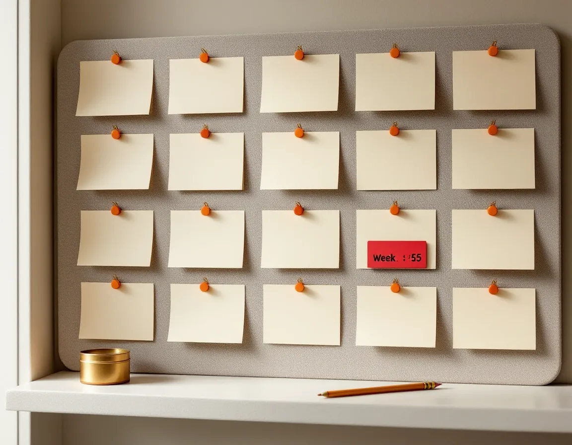 Thirteen index cards pinned in a row on a linen board, one per week, with the fifth card flagged in oxblood