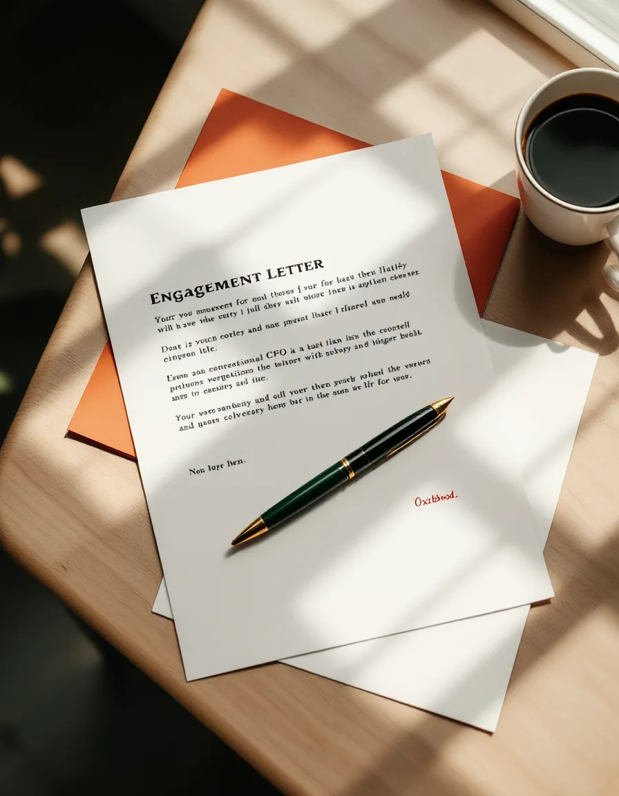 A two-page engagement letter with an oxblood signature line and a fountain pen on an oak table